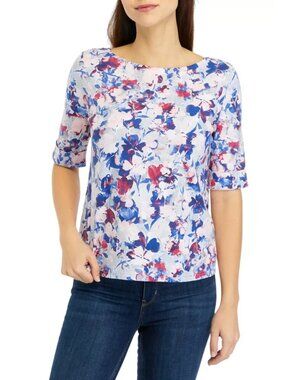 Gloria Vanderbilt Women Alanis Printed Cuffed-Sleeve T-Shirt Blue Flower Size M